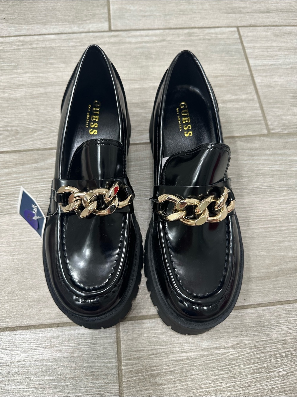 GUESS Black Patent Loafers with Gold Chain Accent